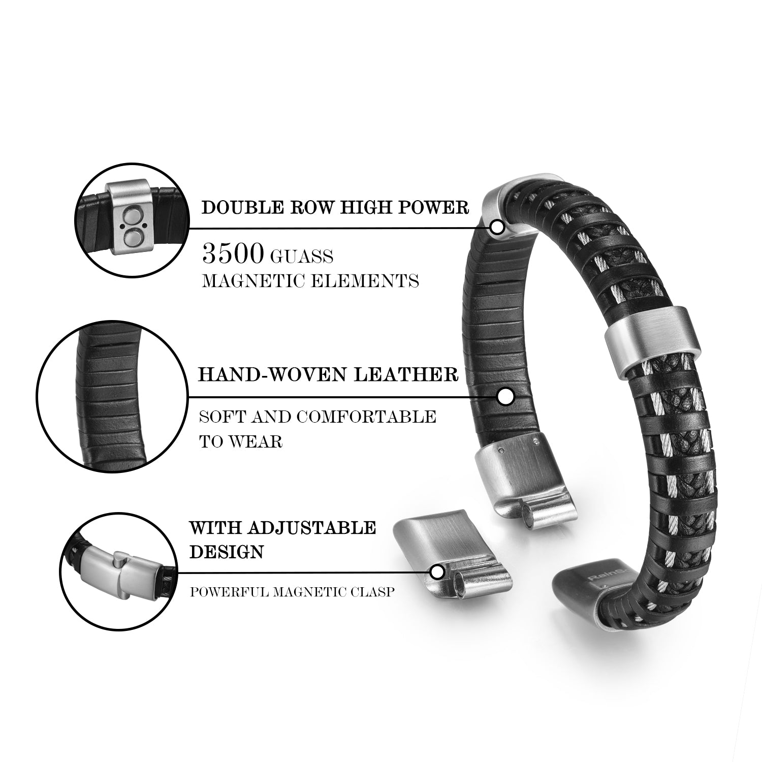 RAINSO Leather Powerful Magnetic Bracelet for Mens