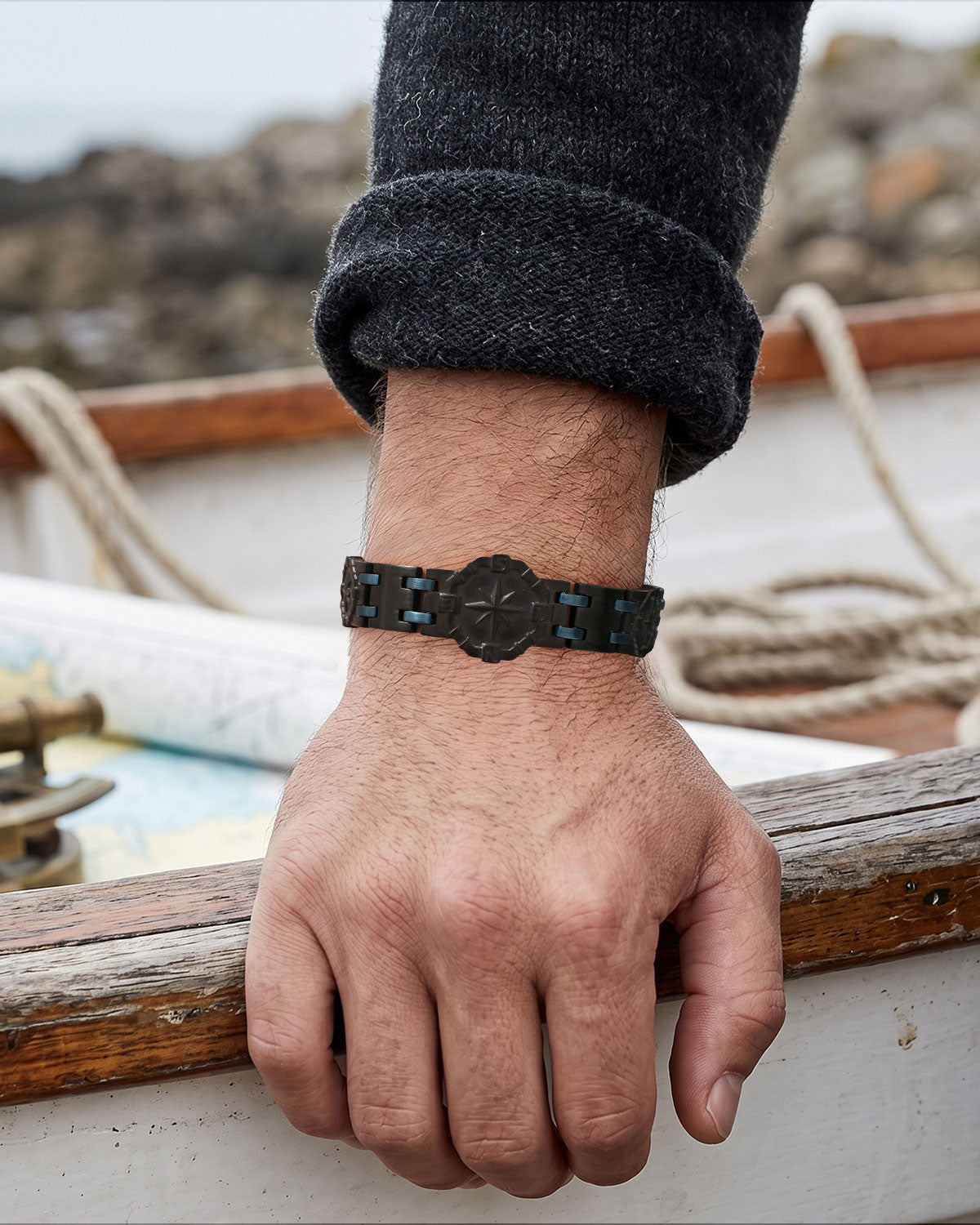 RainSo Men's Strength 3800 Gauss Magnetic Bracelet-Nautical Design (Black Blue)