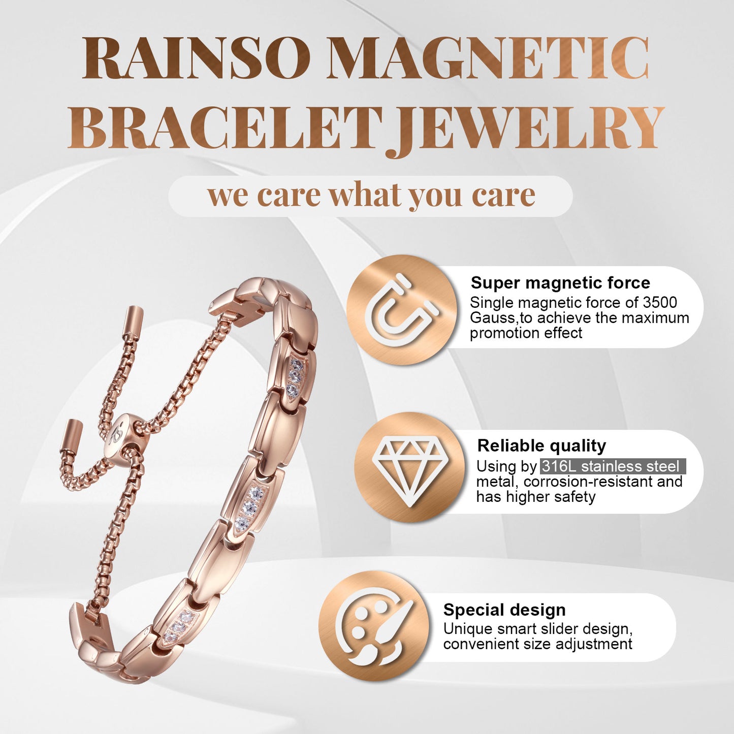 Rainso New Women Rose Gold Effective Powerful Magnetic Bracelet